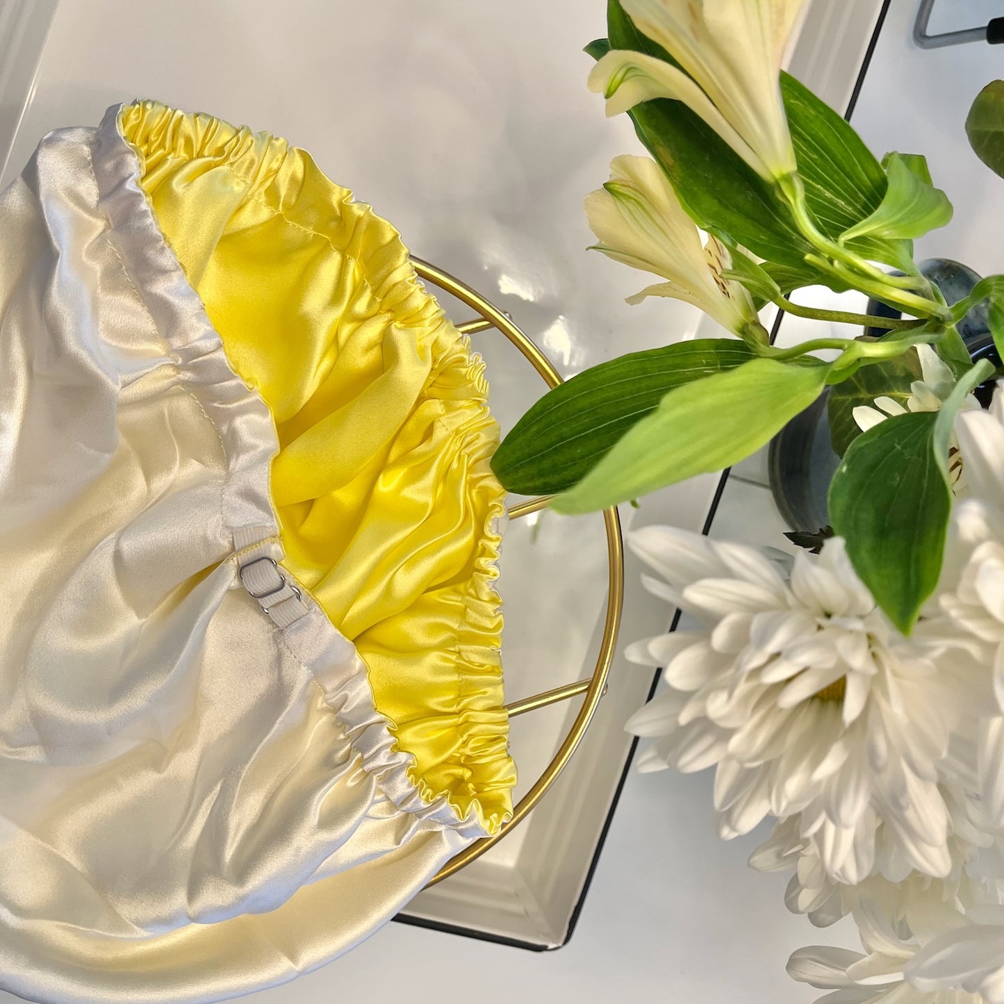 Pure Mulberry Silk Hair Bonnet Daffodil | Double Layer Reversible with Silk Lining | Adjustable Elastic | 100% Silk 22 Momme | Night Bonnet Gift