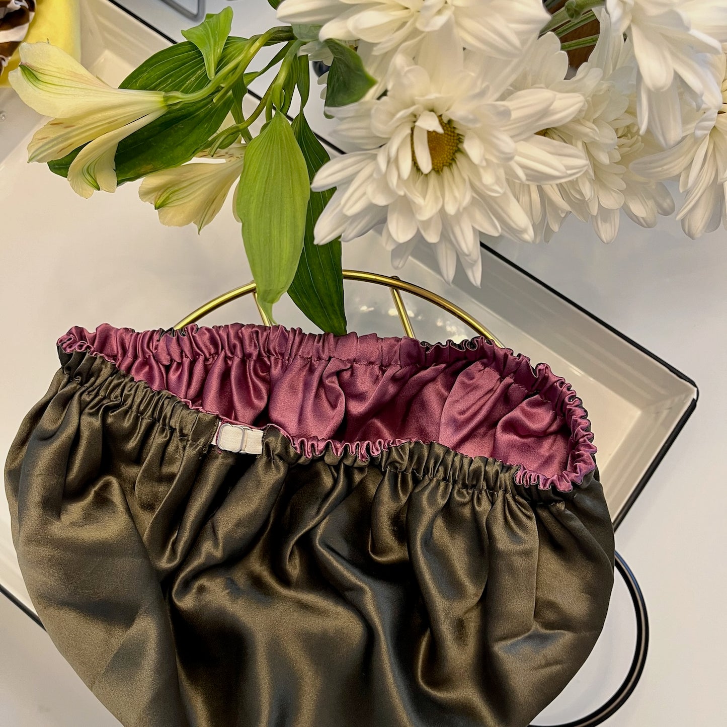 Pure Mulberry Silk Hair Bonnet Fig Tree | Double Layer Reversible with Silk Lining | Adjustable Elastic | 100% Silk 22 Momme | Night Bonnet Gift