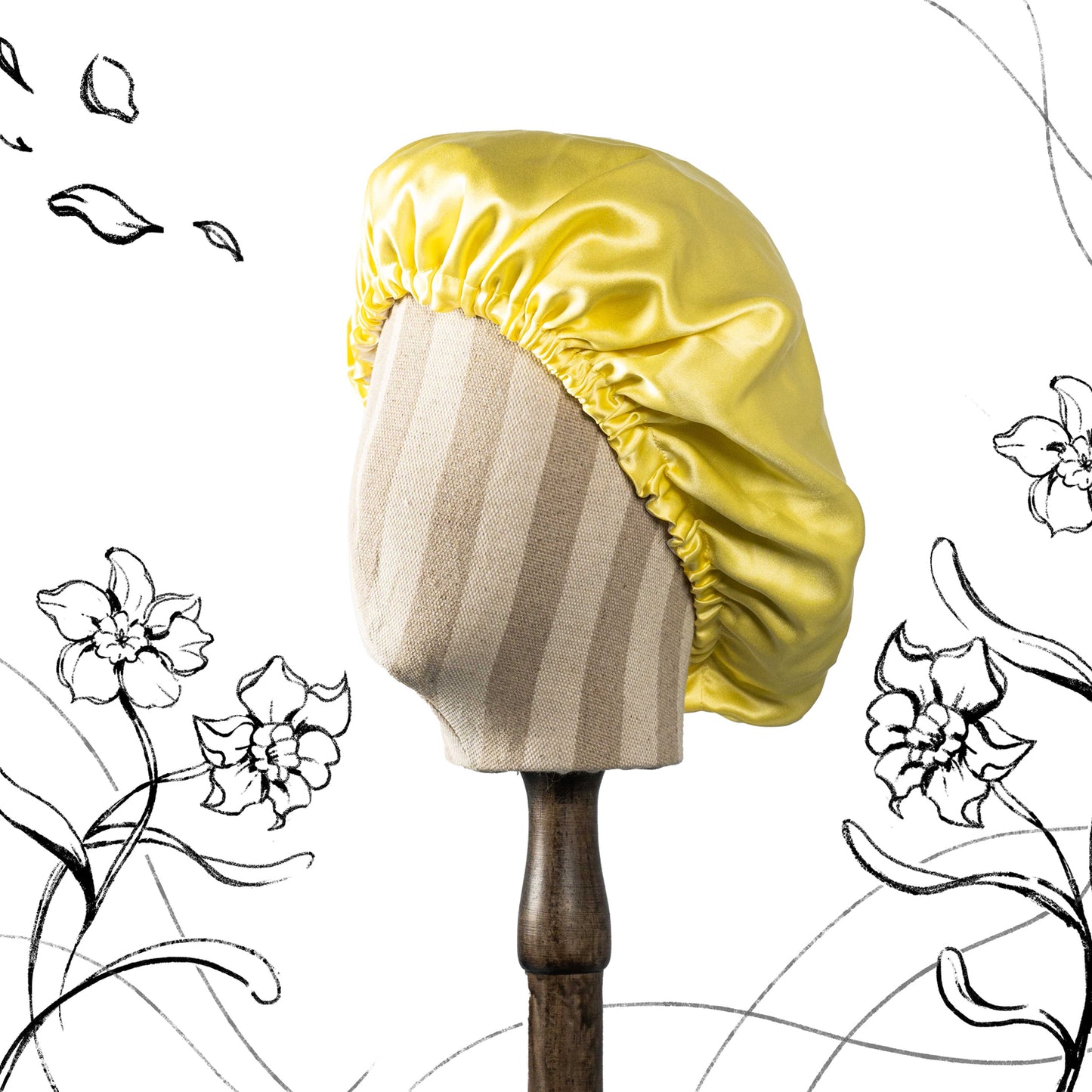Pure Mulberry Silk Hair Bonnet Daffodil | Double Layer Reversible with Silk Lining | Adjustable Elastic | 100% Silk 22 Momme | Night Bonnet Gift