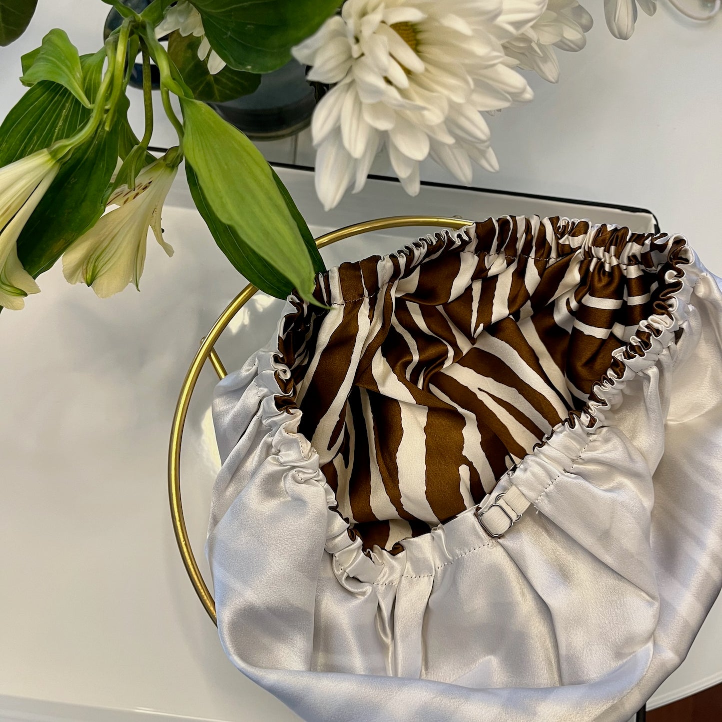 Pure Mulberry Silk Hair Bonnet Zebra | Double Layer Reversible with Silk Lining | Adjustable Elastic | 100% Silk 22 Momme | Night Bonnet Gift