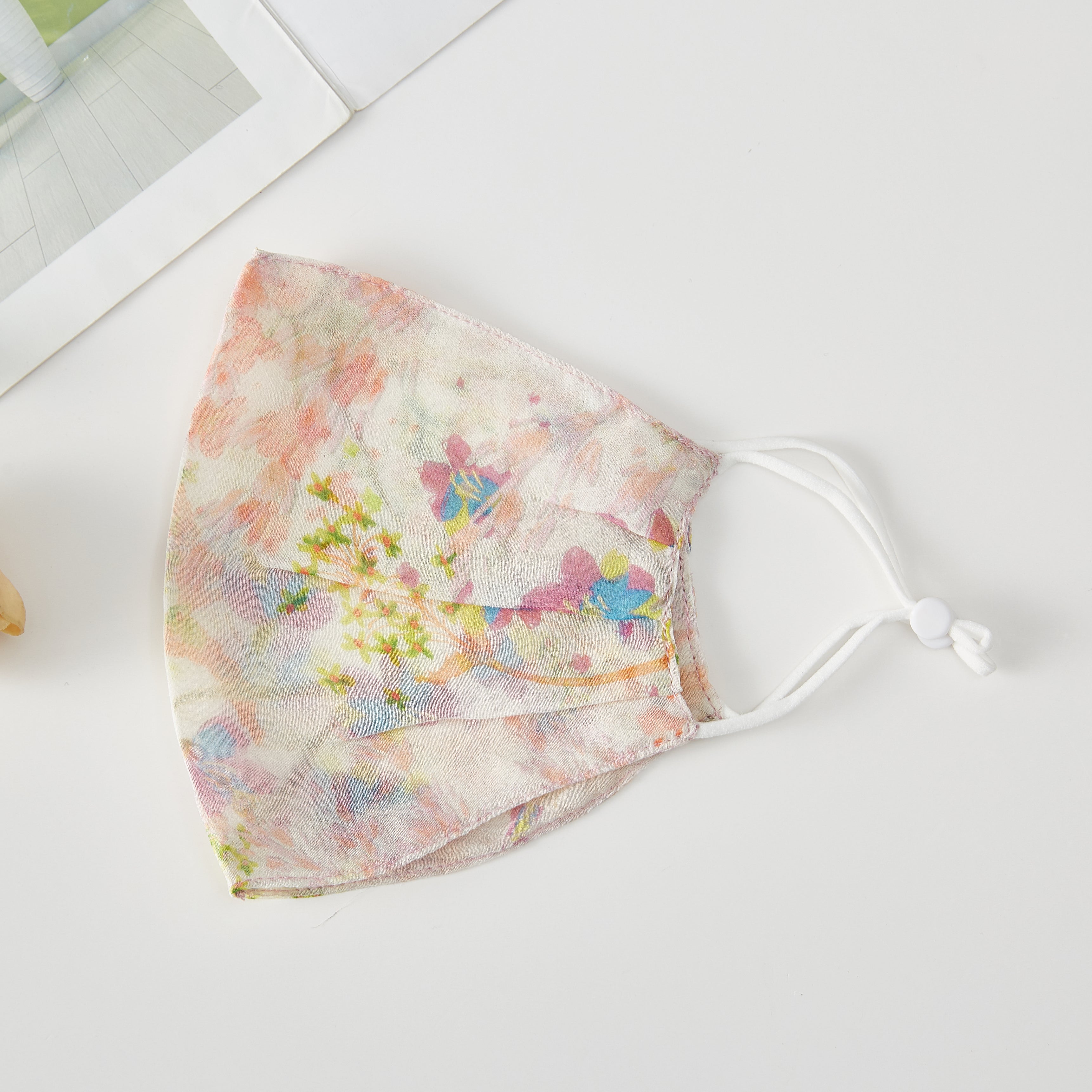 Million Bells: Pink Floral Pattern Double Layer Silk Crepe Face Mask Liner