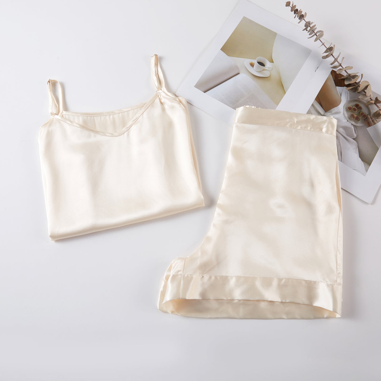 Cream Pure Mulberry Silk Camisole with Adjustable Straps | High Waist Shorts | Lingerie Set | Soar Collection