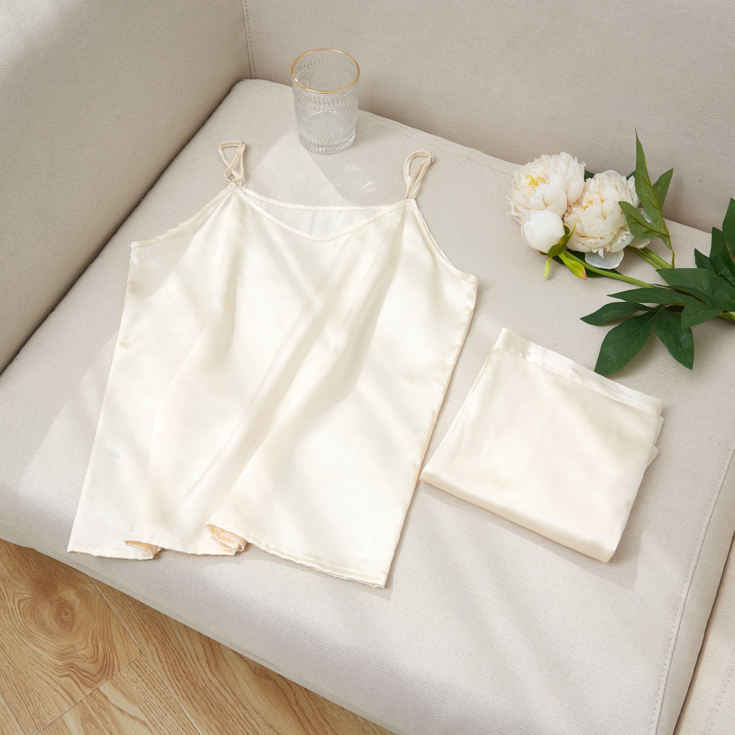 Cream Pure Mulberry Silk Camisole with Adjustable Straps | High Waist Shorts | Lingerie Set | Soar Collection