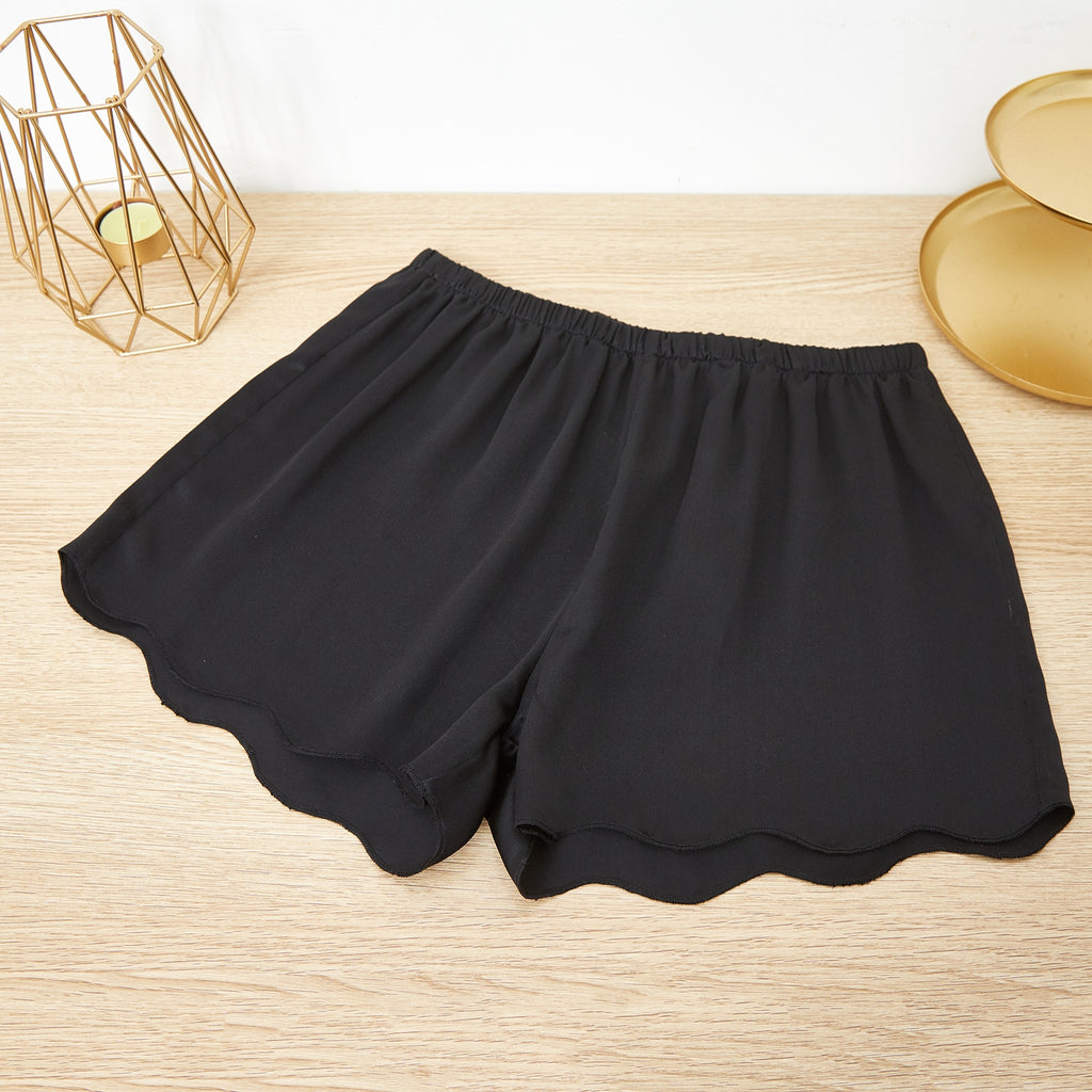 Black Pure Silk Scallop Edged Shorts | 19 Momme Silk Charmeuse