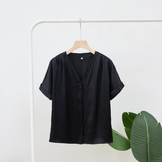 2026 Sample Pure Mulberry Black Silk Top Size M | Regular Fit | 19 Momme | Soar Collection