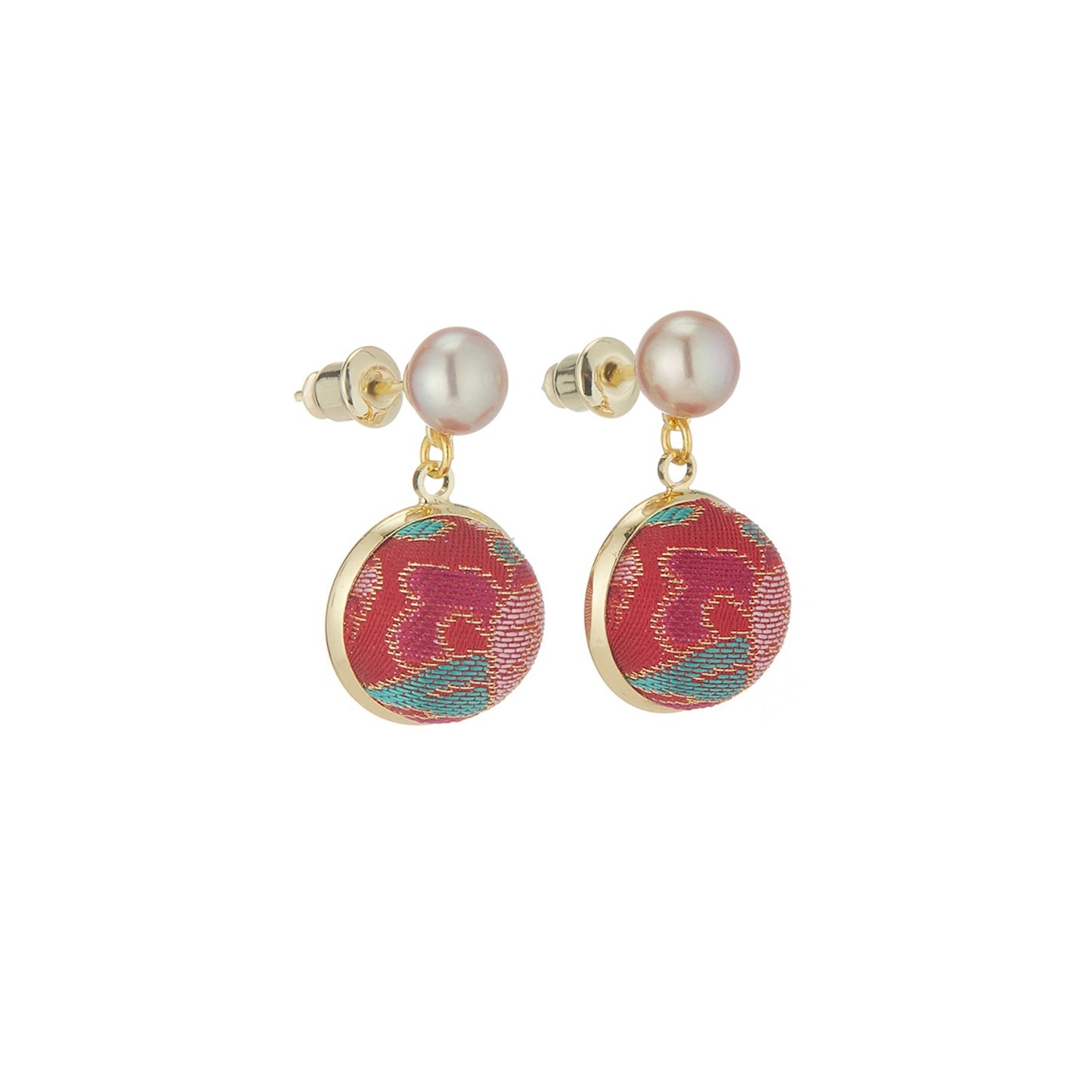 Pure Silk Brocade Earrings with Freshwater Pearls | Peach Blossom | Drop Earrings | Shine Collection