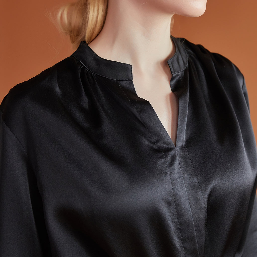 Pure Silk Long Sleeve Y-neck Blouse | Eshonai | 22 Momme Silk Charmeuse