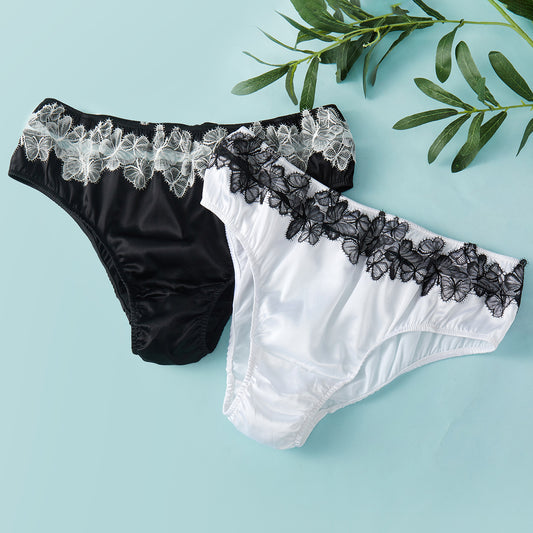 Butterfly Effect | Custom Pure Pure Silk Bikini Pantie | Mid Waist | Black and White Lace on Mulberry Silk | Brush Collection