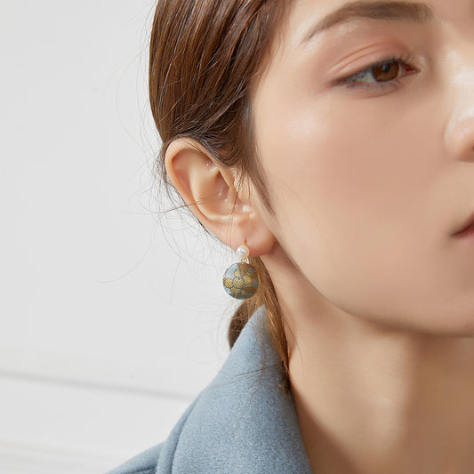Pure Silk Brocade Earrings with Freshwater Pearls | Loquats and Mountain Bird | Drop Earrings | Shine Collection