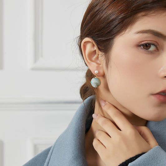 Pure Silk Brocade Earrings with Freshwater Pearls | Minty Cats | Drop Earrings | Shine Collection