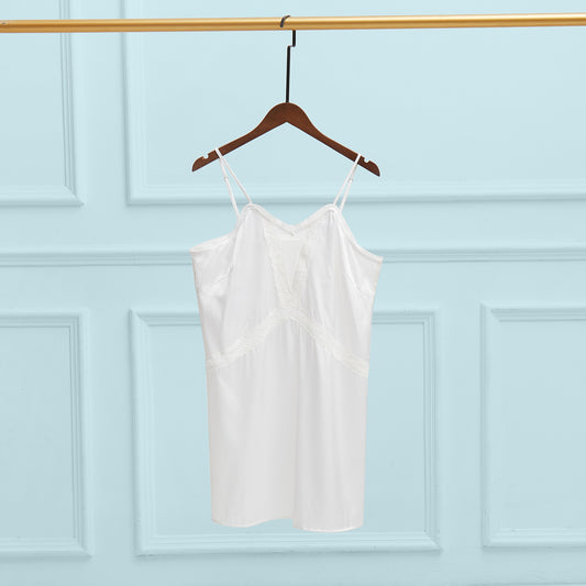 Custom Pure Silk Chemise with French Cotton Lace | Althea Chemise | V-Neck Bridal Shift Spaghetti Straps | Mulberry Silk Nightwear for Women