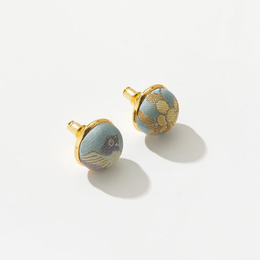 Pure Silk Brocade Earrings | Loquats and Mountain Bird | Stud Earrings | Shine Collection
