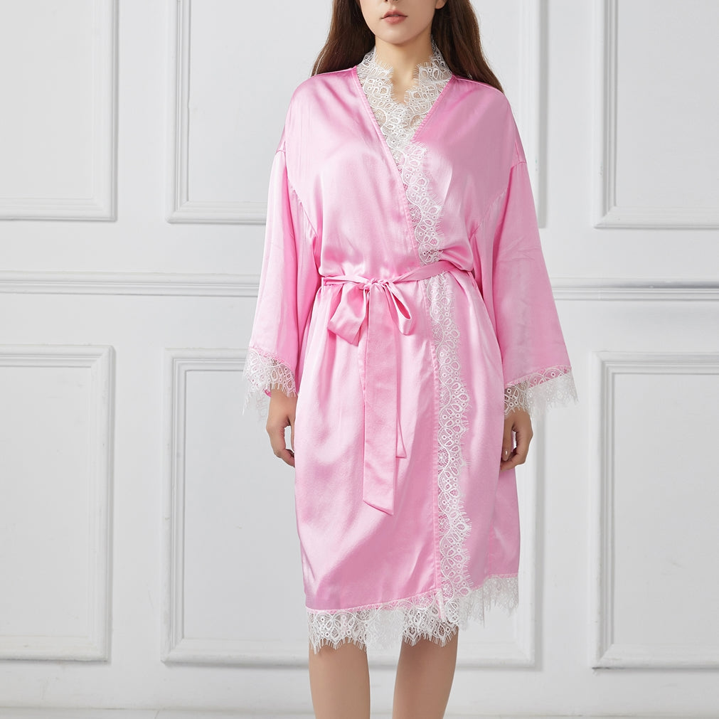 Custom Made Pure Silk and Lace | Robe Rosalie | Knee Length with Double Belts and Pockets | 19 Momme | Soar Collection