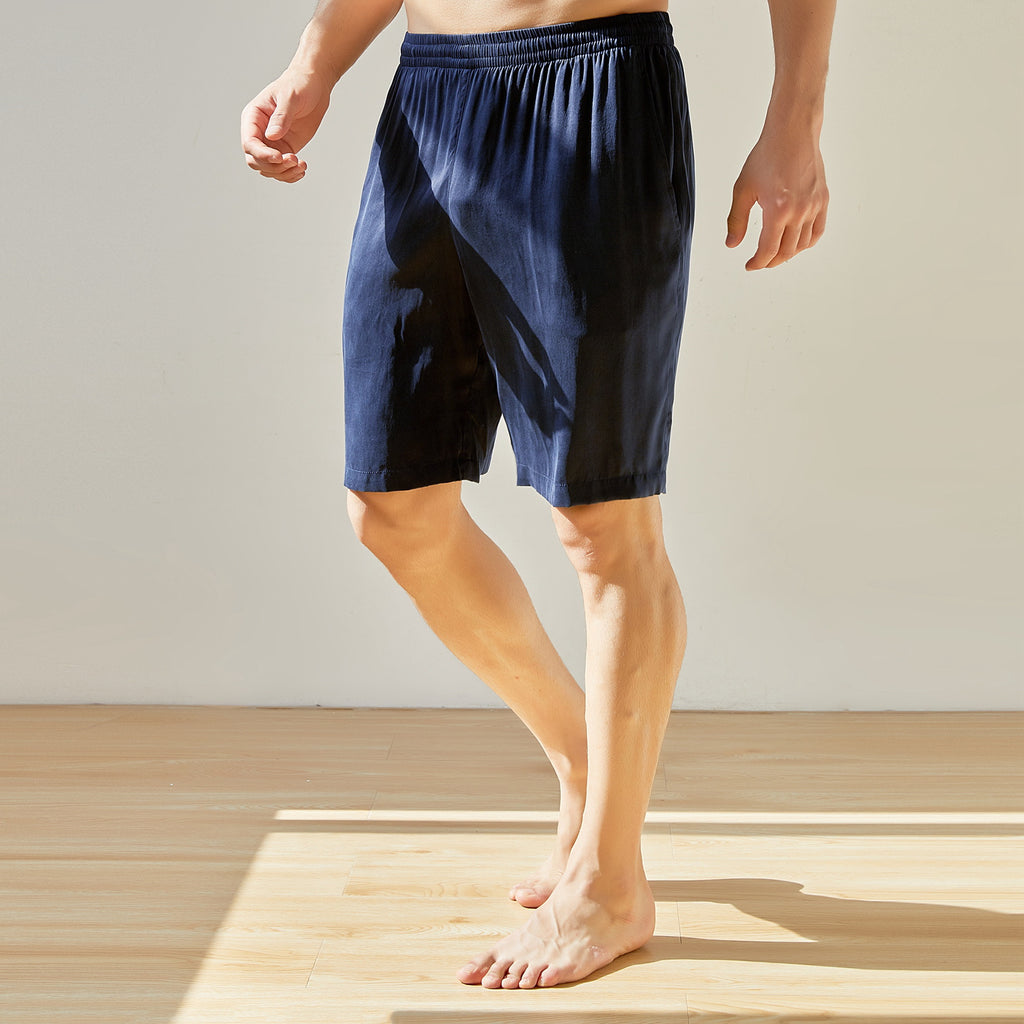 Deep Navy Sueded Pure Mulberry Silk Men's Shorts | Mid Waist | 19 Momme Sueded Silk Charmeuse
