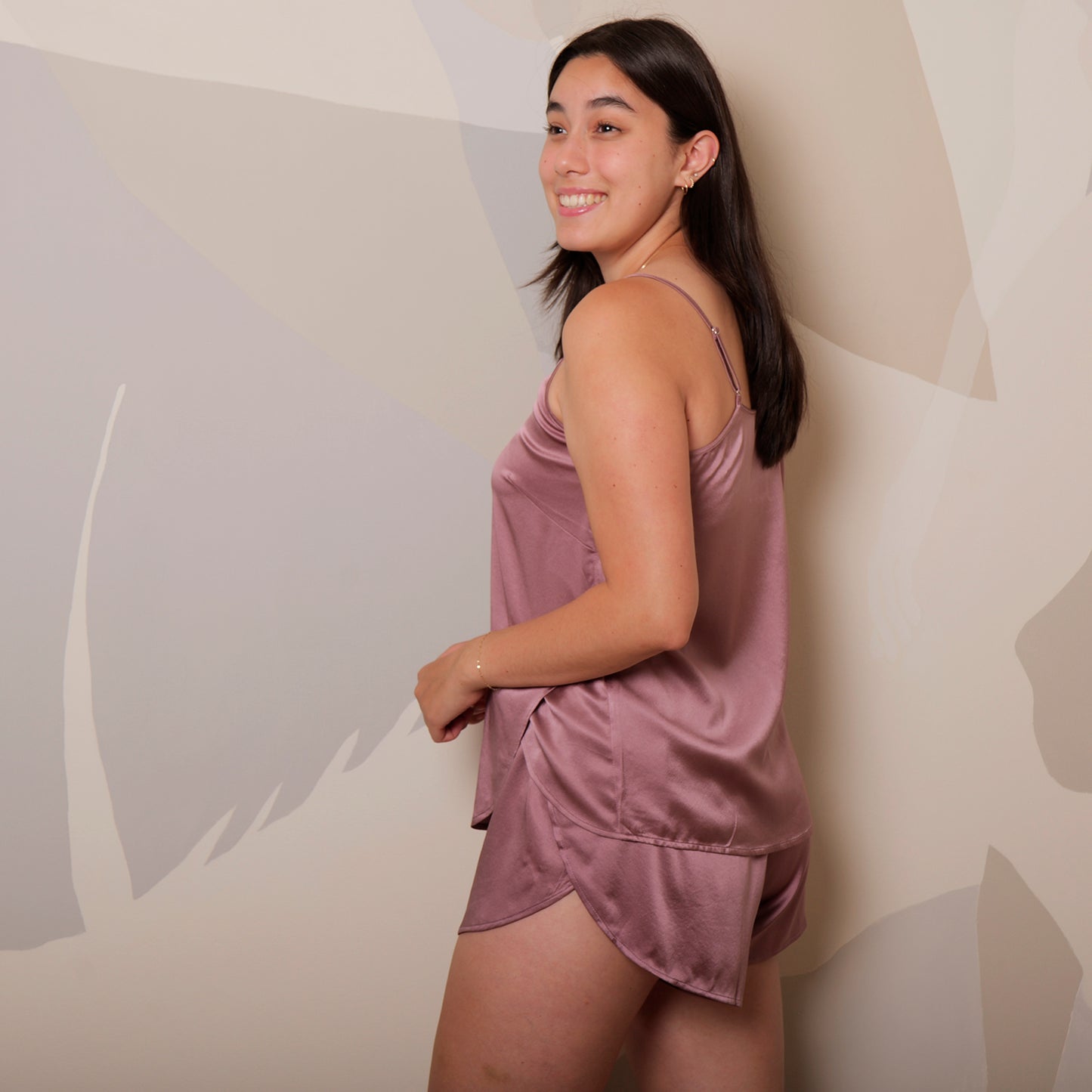 Cocoa Purple Pure Mulberry Silk Petal Camisole Top | Mid-Waist Shorts | Silk Charmeuse Lingerie | Bridesmaid Gift Pj Set | Soar Collection