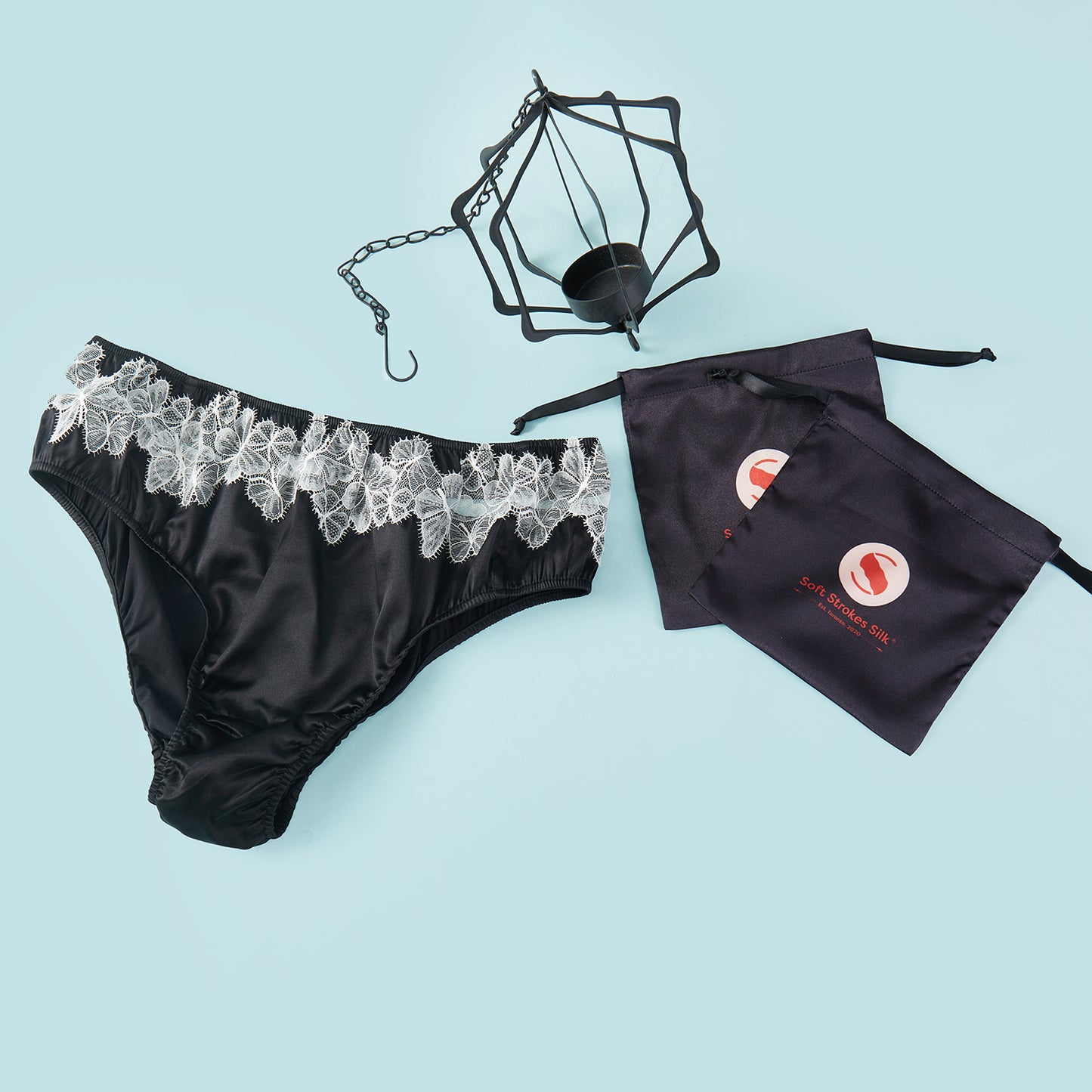 Butterfly Effect | Custom Pure Pure Silk Bikini Pantie | Mid Waist | Black and White Lace on Mulberry Silk | Brush Collection