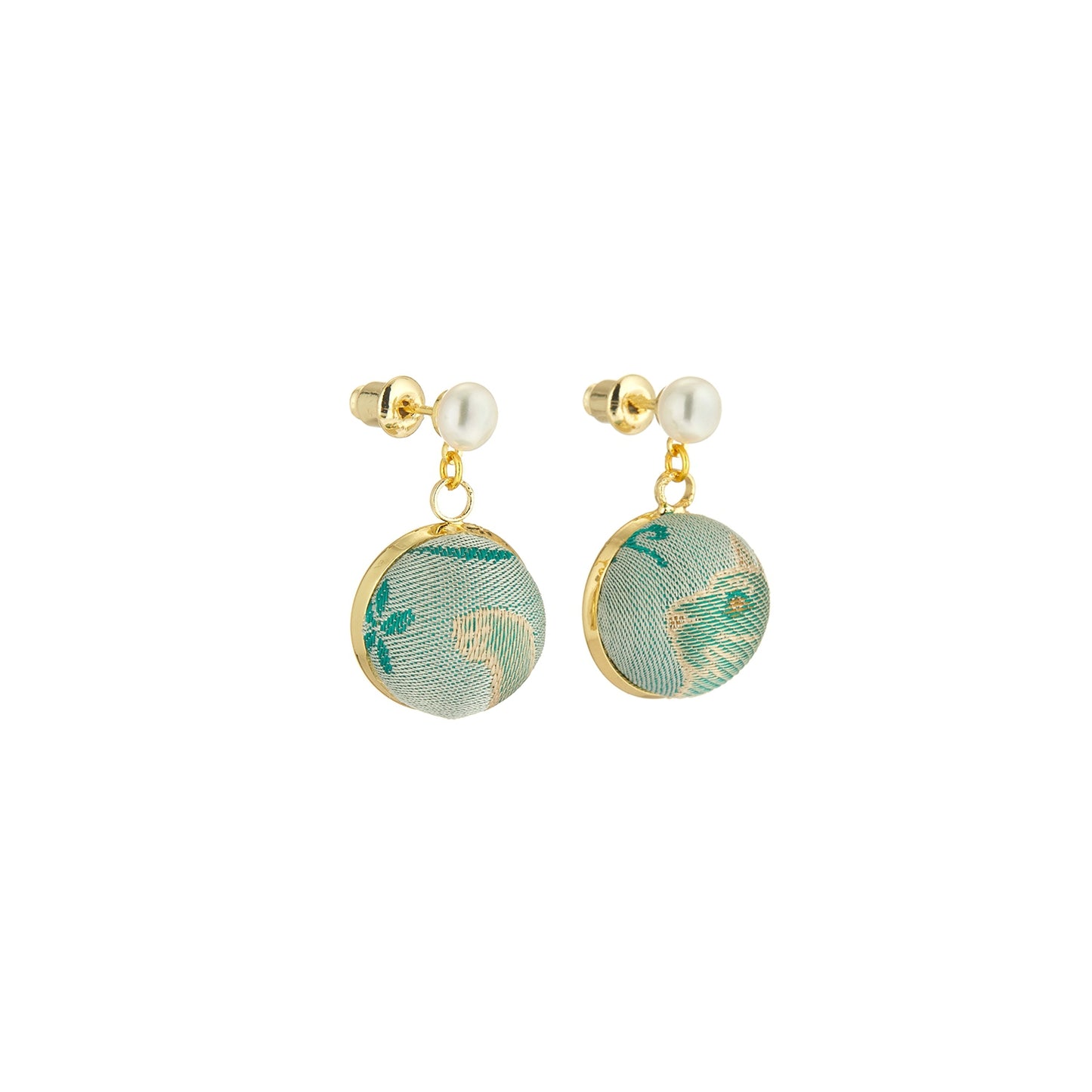 Pure Silk Brocade Earrings with Freshwater Pearls | Minty Cats | Drop Earrings | Shine Collection