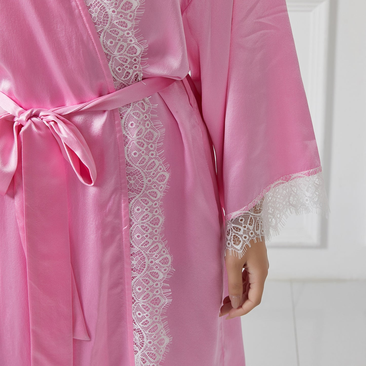 Custom Made Pure Silk and Lace | Robe Rosalie | Knee Length with Double Belts and Pockets | 19 Momme | Soar Collection