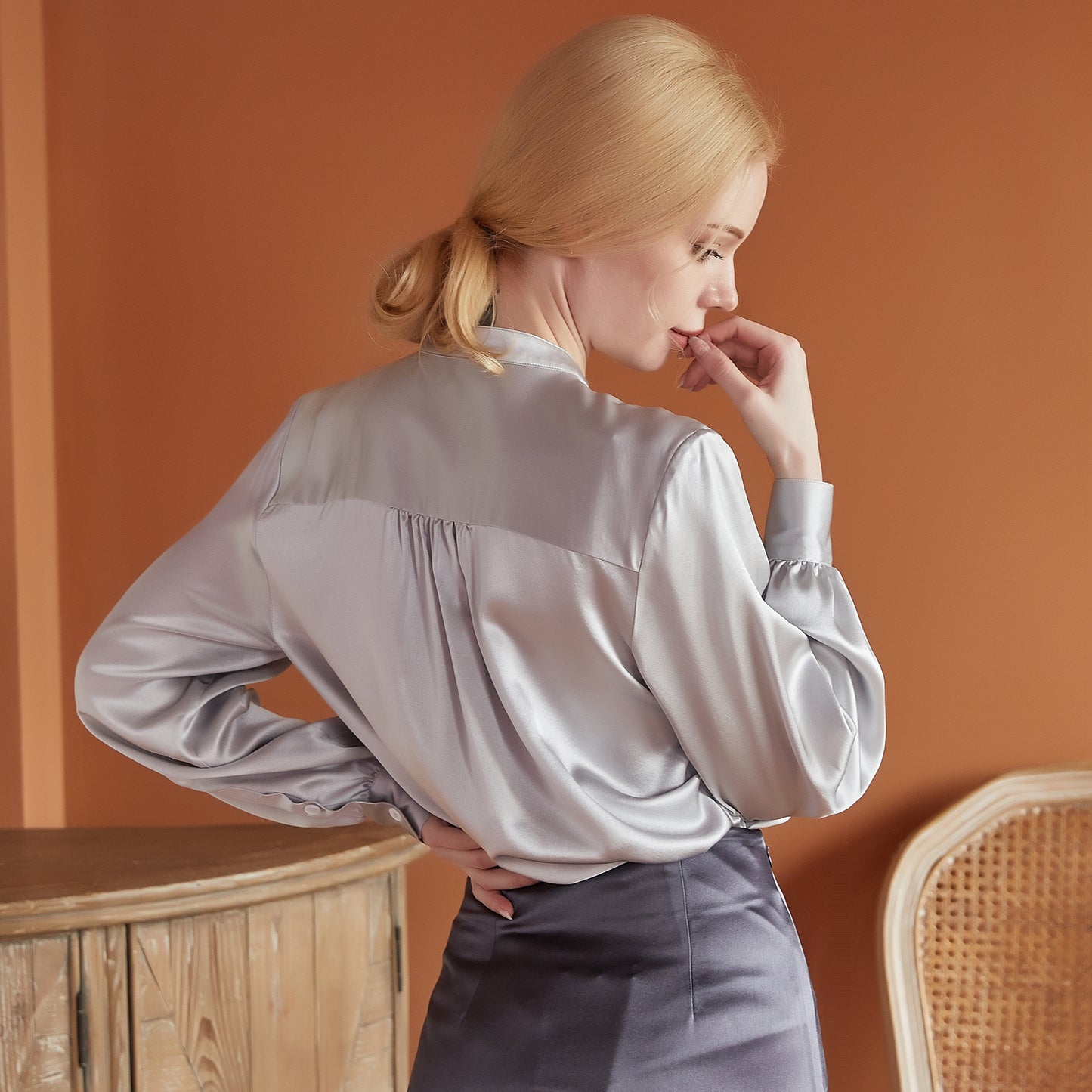 Custom Pure Silk Long Sleeve Banded Collar Blouse | Aeverie | 22 Momme Silk Charmeuse