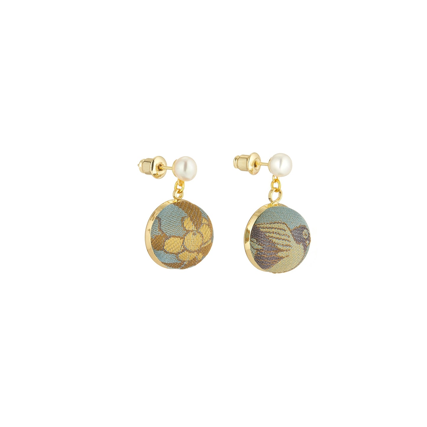 Pure Silk Brocade Earrings with Freshwater Pearls | Loquats and Mountain Bird | Drop Earrings | Shine Collection