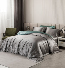 Steel Grey and Aqua Green 32 Momme Silk 6-Piece Bedding Set in Queen Size