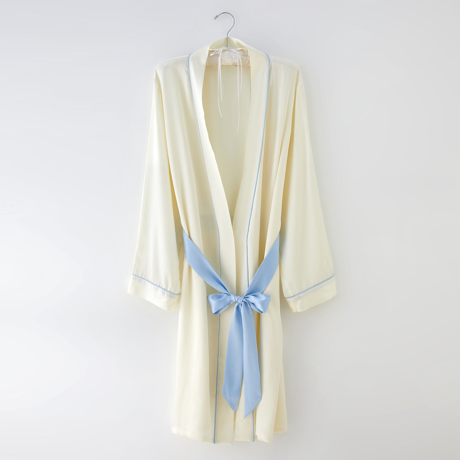 Cream Mulberry Silk Long Robe Size Small with Baby Blue Belt