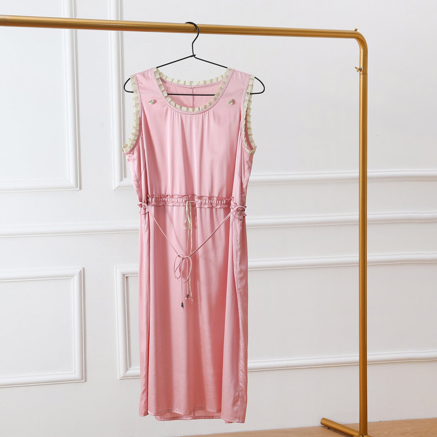 Custom Silk Lounge Dress Estelle | Vintage Inspired Round Neck Sleeveless Dress with Silk Belt