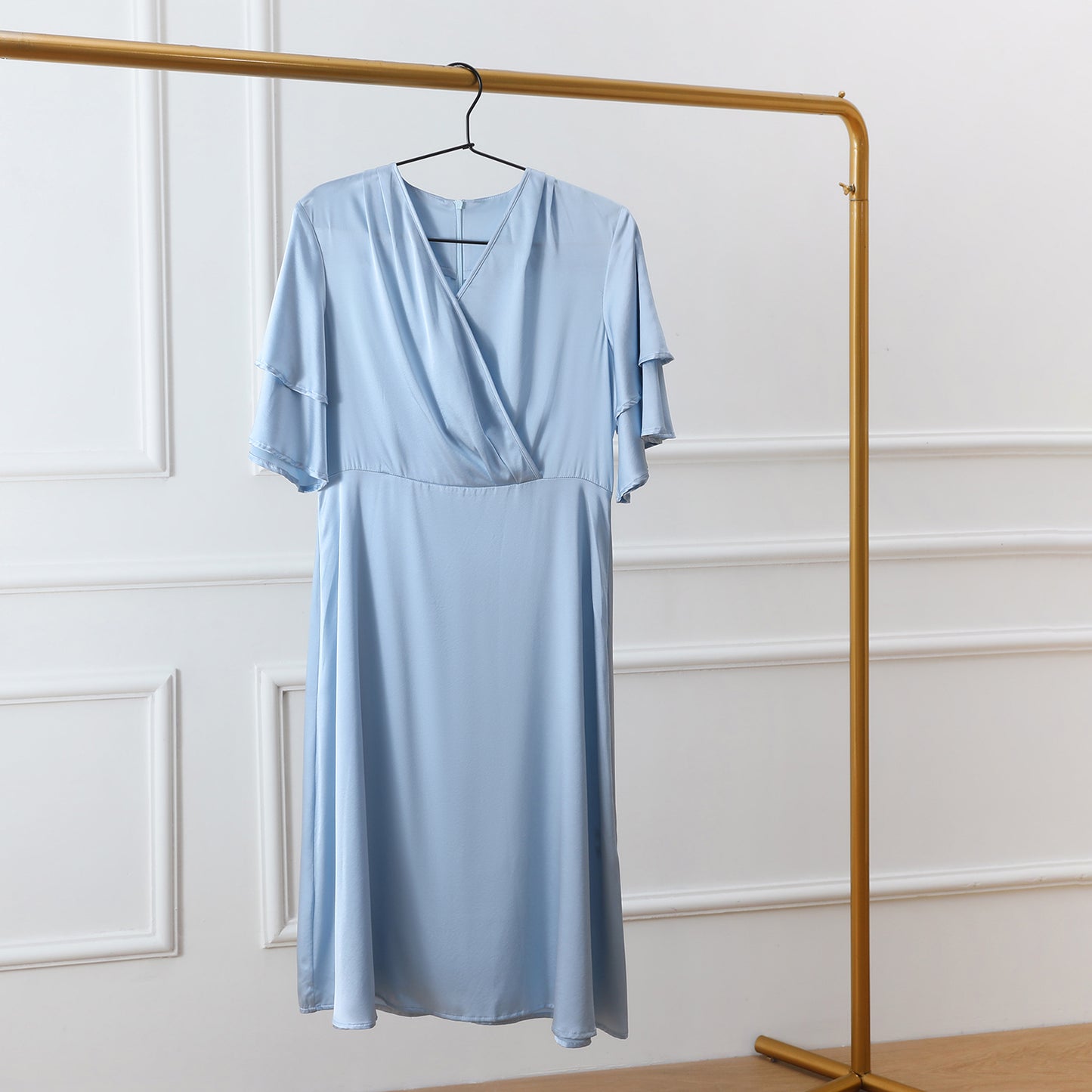 Custom Silk Lounge Dress Celeste | Vintage Inspired V Neck Dress with Layered Sleeves