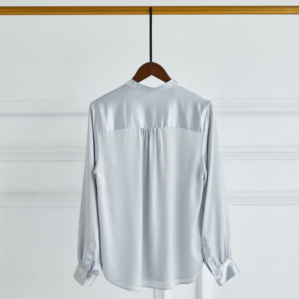 Pure Silk Long Sleeve Banded Collar Blouse | Aeverie | 22 Momme Silk Charmeuse