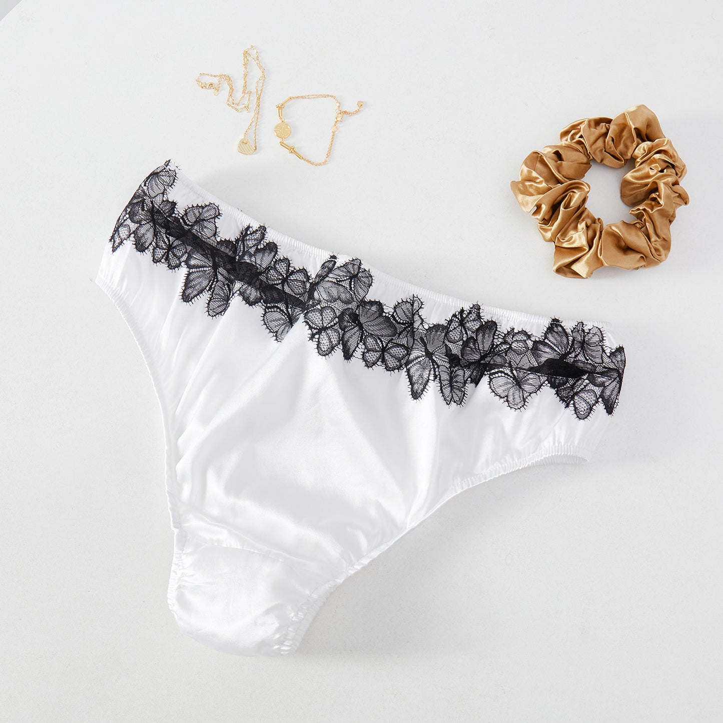 Butterfly Effect | Custom Pure Pure Silk Bikini Pantie | Mid Waist | Black and White Lace on Mulberry Silk | Brush Collection