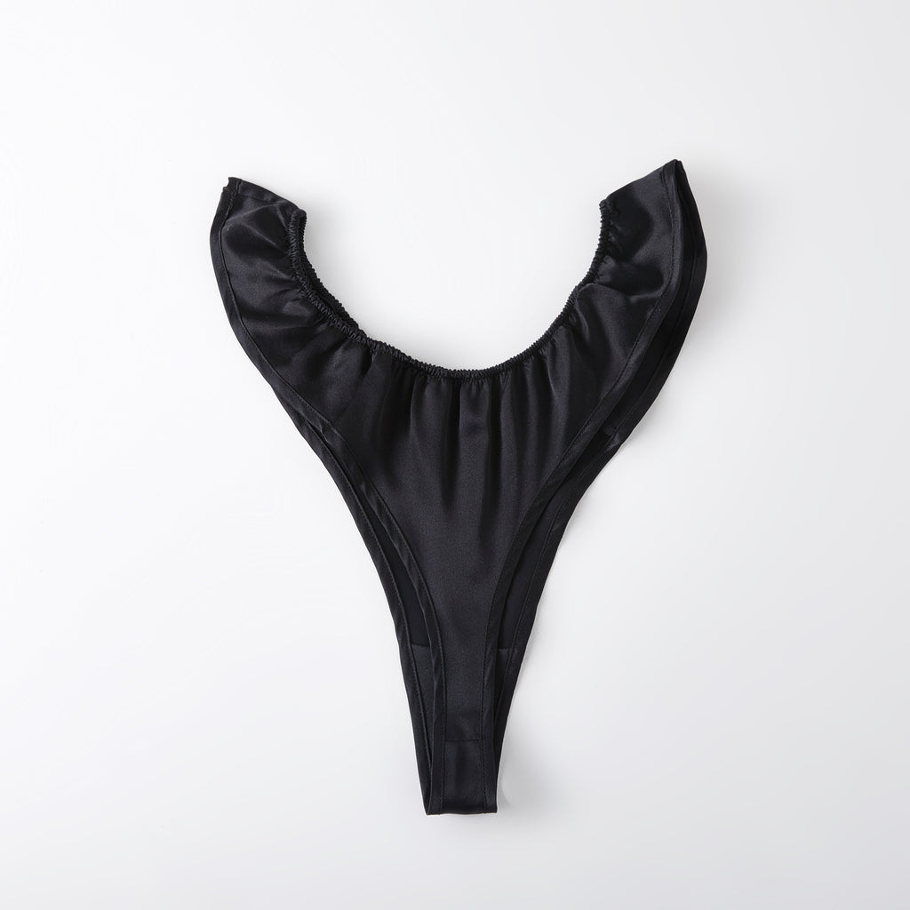 Black Pure Mulberry Silk T-String Pantie | Mid to High Waist Thong | 22 Momme | Float Collection