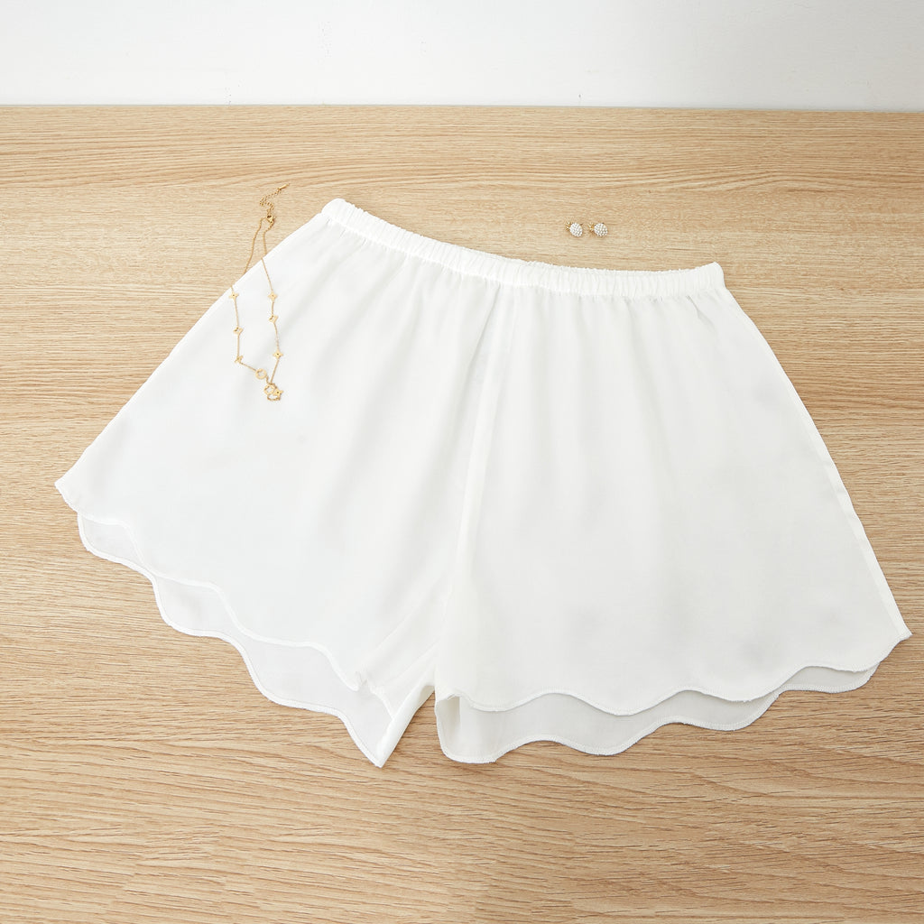 Pearl White Pure Mulberry Silk Camisole and Scalloped Shorts Set | 19 Momme Silk Charmeuse