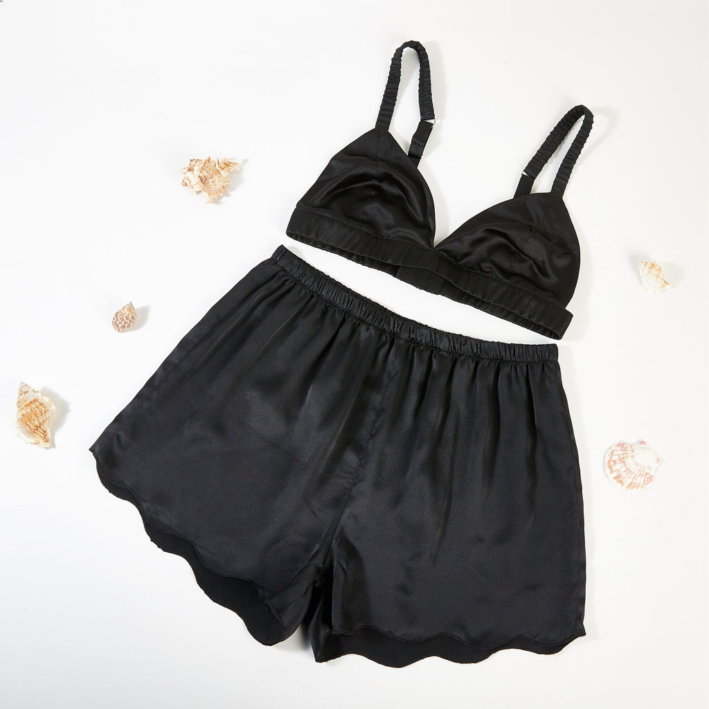 Black Pure Silk Scallop Edged Shorts | 19 Momme Silk Charmeuse