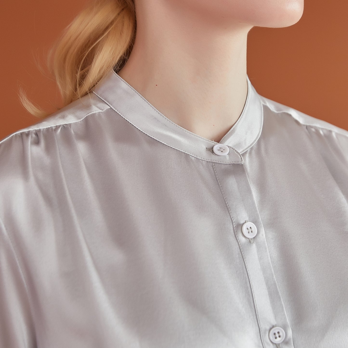 Custom Pure Silk Long Sleeve Banded Collar Blouse | Aeverie | 22 Momme Silk Charmeuse