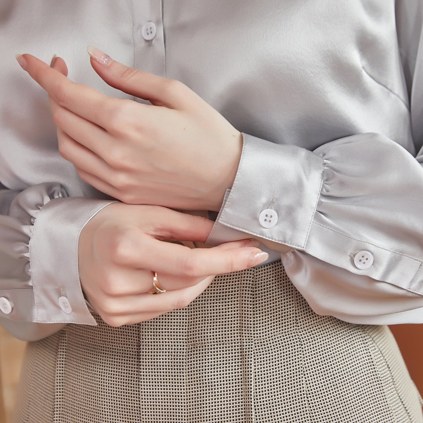 Custom Pure Silk Long Sleeve Banded Collar Blouse | Aeverie | 22 Momme Silk Charmeuse