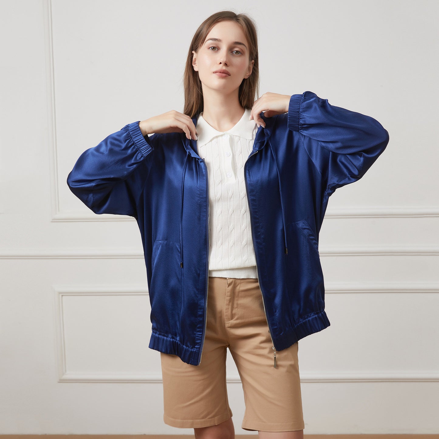 Pure Silk Long Sleeve Hoodie with Pockets | Elio | 22 Momme Silk Charmeuse