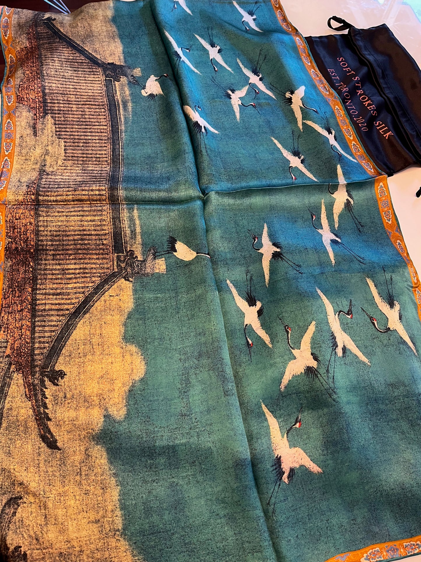 Sample Pure Silk scarf Long rectangle | Auspicious Crane | Mulberry Silk scarf