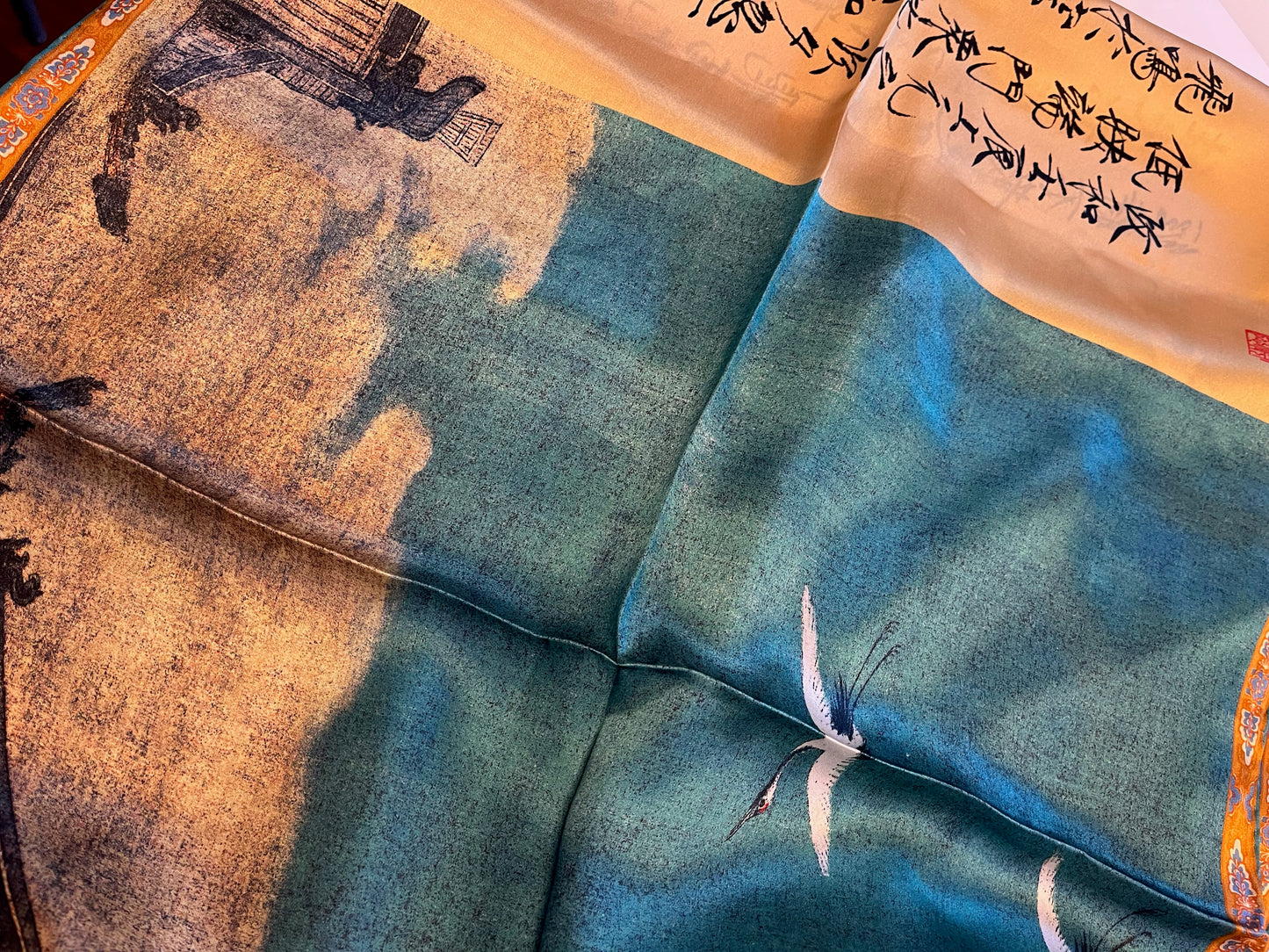 Sample Pure Silk scarf Long rectangle | Auspicious Crane | Mulberry Silk scarf