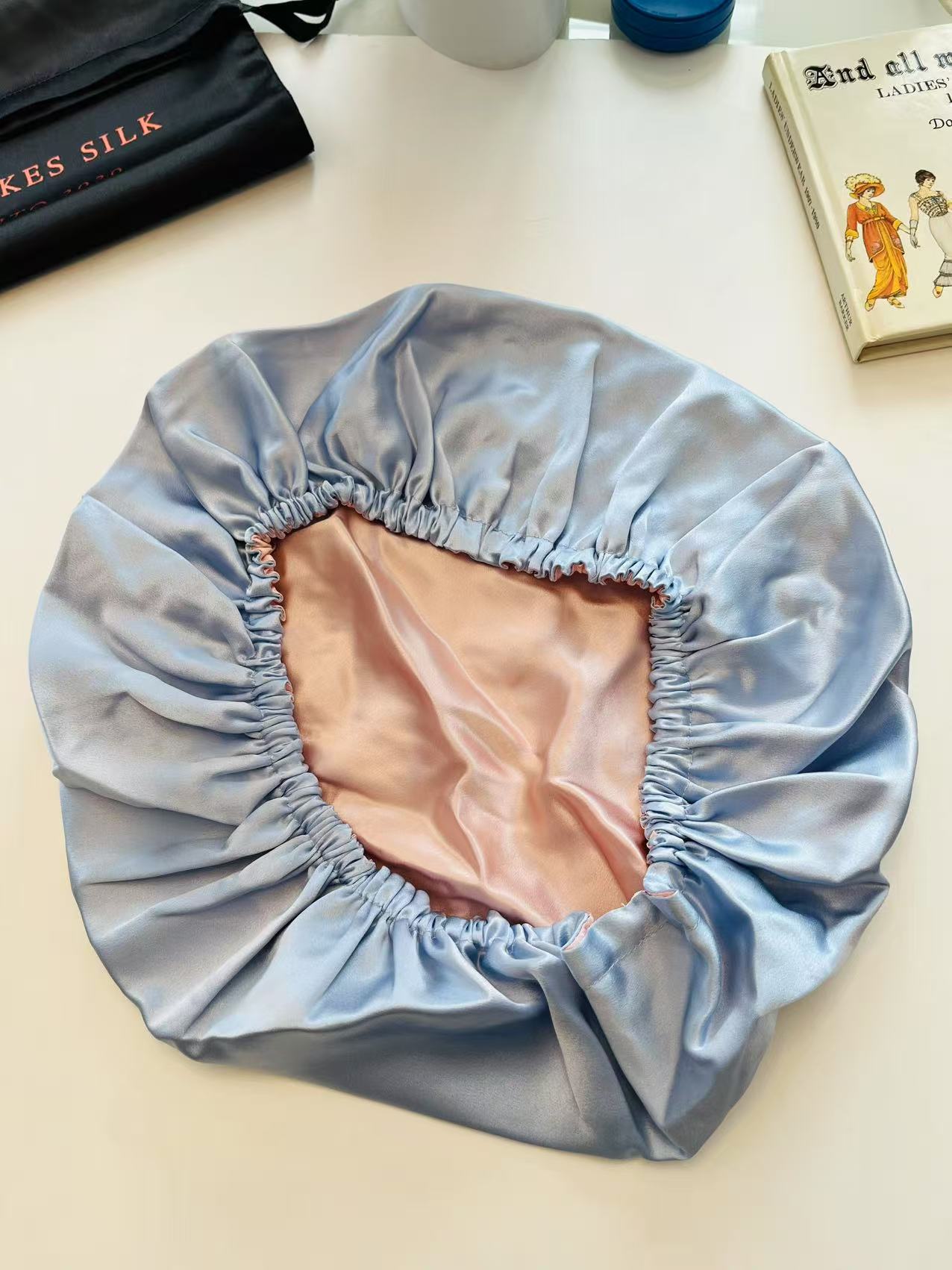 Sample Pure Silk Hair Bonnet Baby Blue & Pink | Double Layer with Adjustable Elastic | 100% Silk 22 Momme