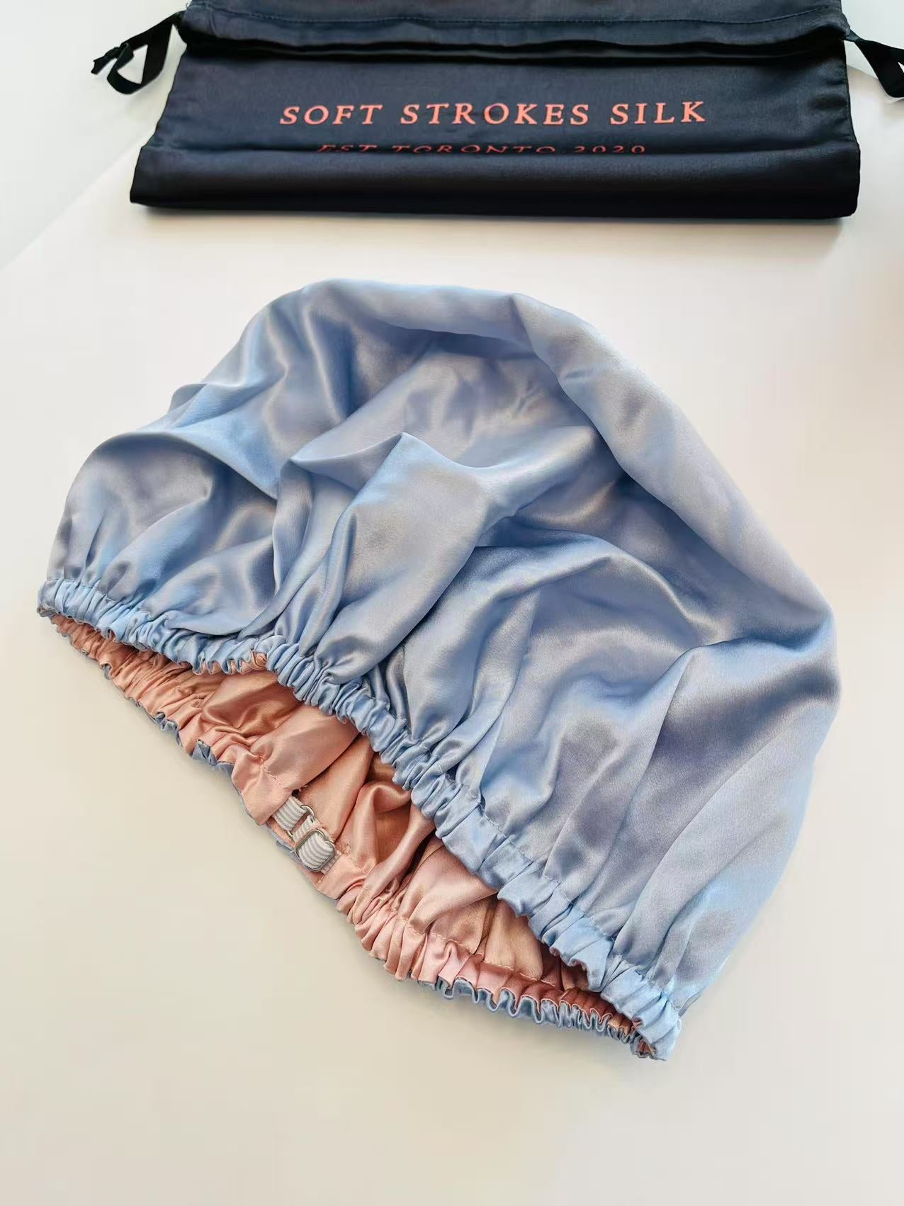 Sample Pure Silk Hair Bonnet Baby Blue & Pink | Double Layer with Adjustable Elastic | 100% Silk 22 Momme