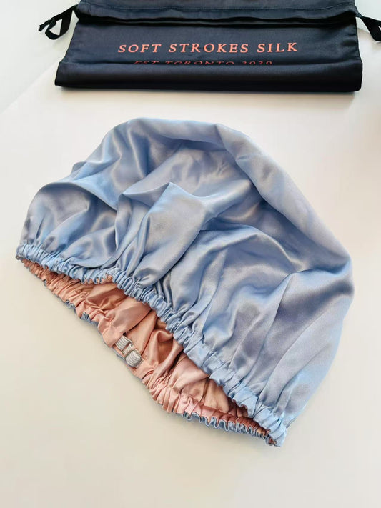 Sample Pure Silk Hair Bonnet Baby Blue & Pink | Double Layer with Adjustable Elastic | 100% Silk 22 Momme