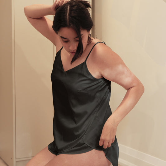 Black Pure Mulberry Silk Petal Camisole Top | Mid-Waist Shorts | Silk Charmeuse Lingerie | Bridesmaid Gift Pj Set | Soar Collection