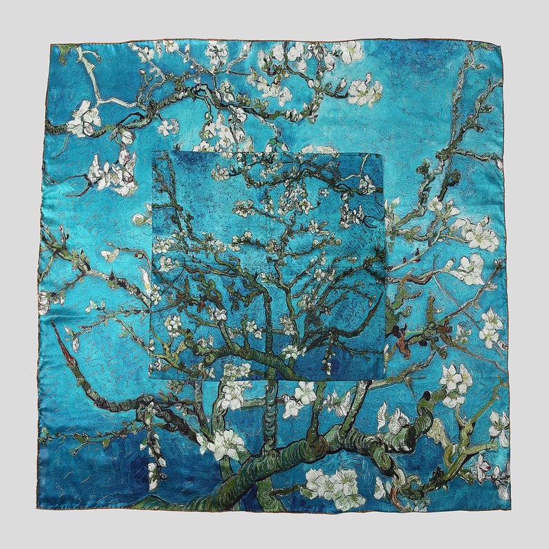 Almond Blossoms by Van Gogh Handmade Oil Painting Extra Large Square Silk Scarf / Small Square Silk Scarf