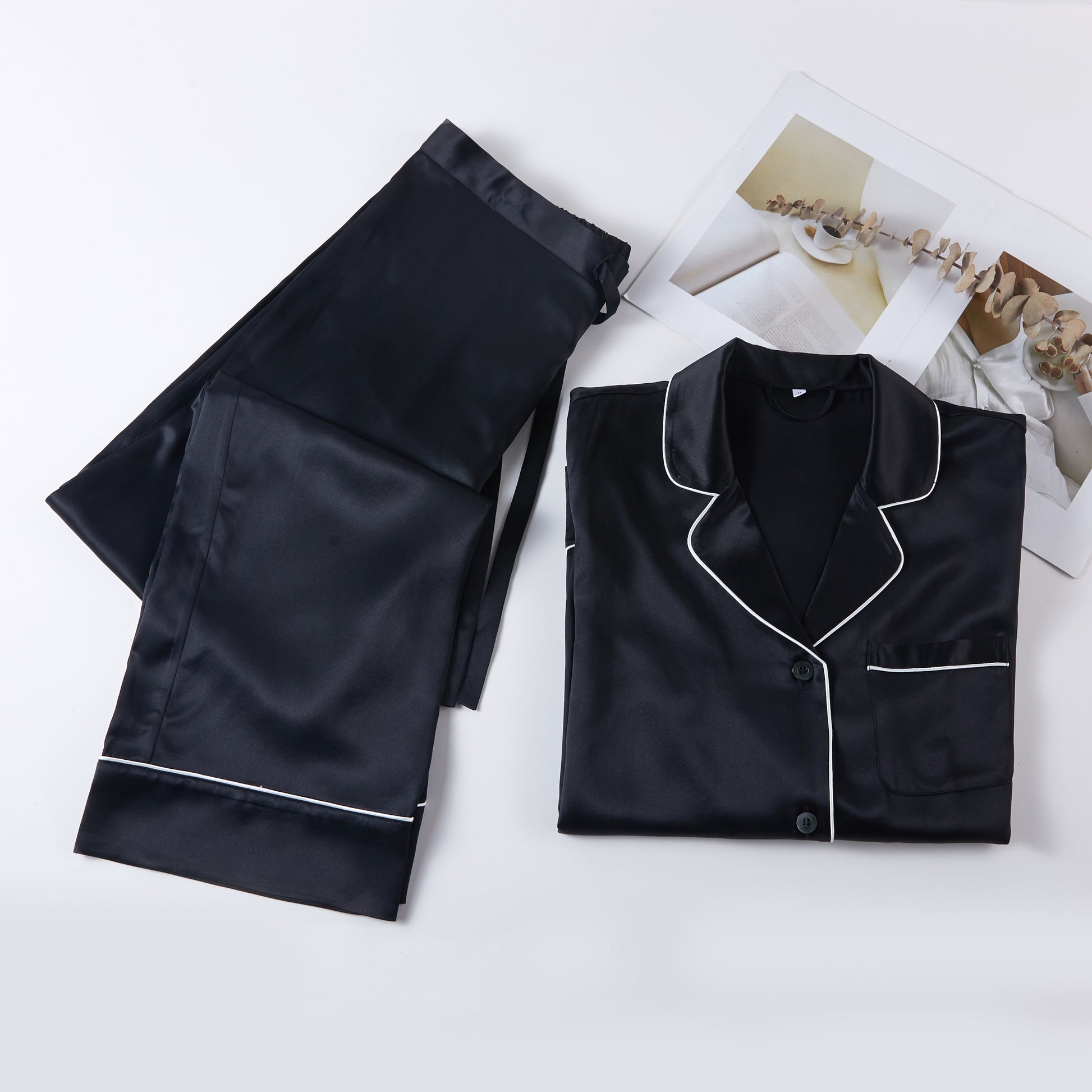 Black Pure Silk Long Sleeve Unisex Pajama Set – Soft Strokes Silk