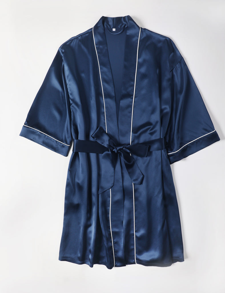 Gift Set | Pure Silk Navy Kimono Robe & Slip Dress | 22 Momme | Float Collection