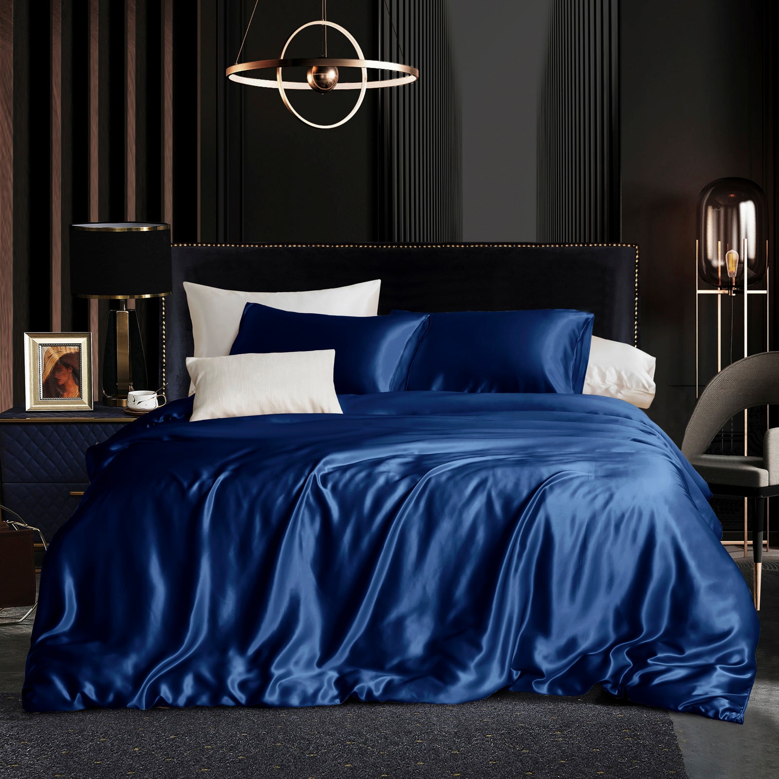 Navy Pure Mulberry Silk Seamless Flat Sheet, Fitted Sheet and Duvet | Full, Queen, King, California King and 4-Piece Set | 22 Momme | Float Collection