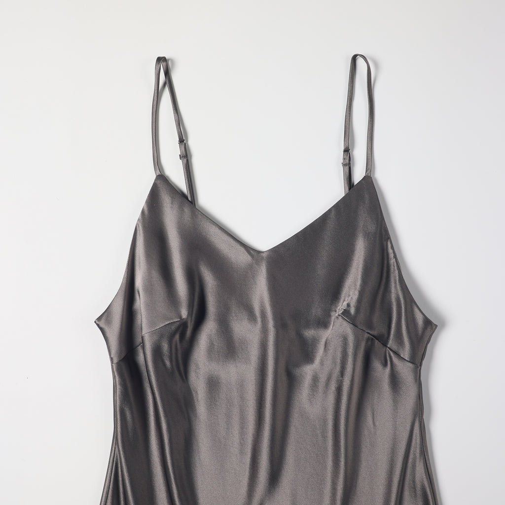 River Nymph | Grey Pure Silk Slip Dress | Knee Length with Adjustable Straps | 22 Momme | Float Collection