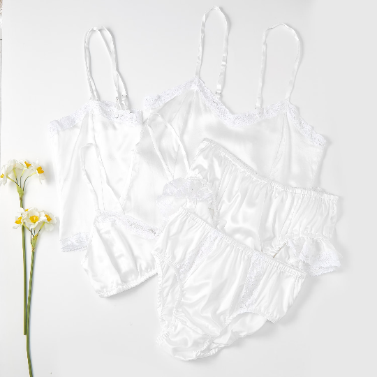 Five-Piece Silk Lingerie Set | Custom Size Handmade Body Suit, Cami, Bralettes and Two Panties | Angel Wings | Ivory Wedding Lingerie