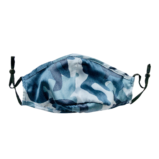 Urban Jungle: Triple Layer Mulberry Silk Unisex Face Mask - Blue Camouflage Silk, Insert Pocket, PM 2.5 Filter & Nose Wire