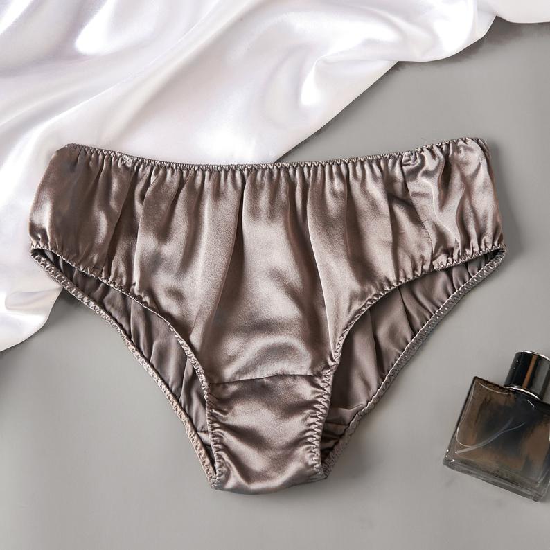 Taupe Pure Mulberry Silk Bikini Panties, Mid Waist